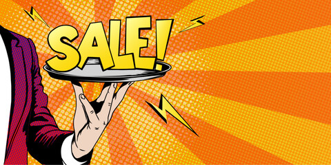 Mega sale banner design. Waiter holding serving dish with text sale in retro comic pop art style. Halftone background for limited time discount offer, promotion or special deal off, Black Friday. Vect