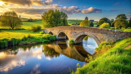 Fototapeta premium Stone bridge surrounded by rural landscape, overlooking a serene river , serenity, stone bridge, rural, moody, tranquil