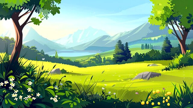 Serene forest clearing with distant mountain view in vibrant animated style. Nature retreat concept. Seamless looping time-lapse video background.
