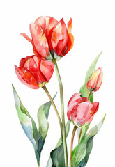 Fototapeta premium Watercolour painting of beautiful blooming red tulip flower on white background, Elegant spring flower, pastel tone, illustration poster