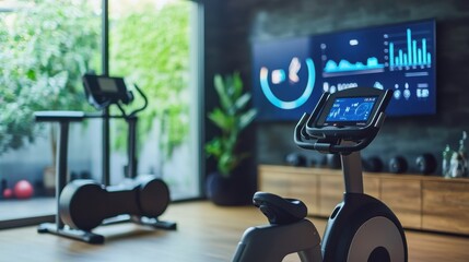 Modern Home Gym with Smart Exercise Equipment Connected to Fitness App for Performance Tracking - Realistic Image
