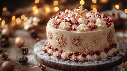 Fototapeta premium Christmas cake decorated with golden snowflakes and red berries standing on wooden table