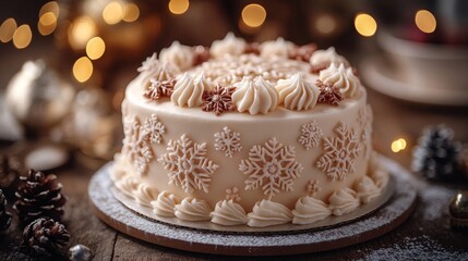 Fototapeta premium Delicious christmas cake decorated with snowflakes standing on wooden table