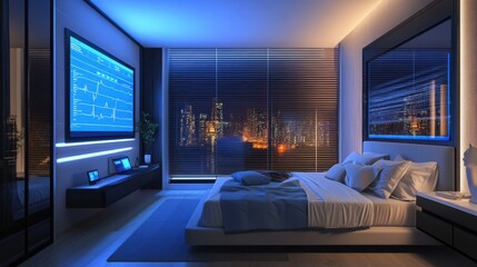 Modern Bedroom with Smart Mirror Showing Health Stats, Voice-Activated Blinds, and Comfortable Smart Bed.