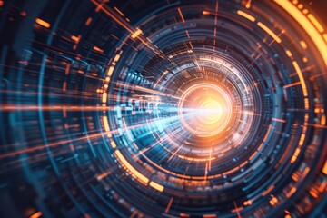 Obraz premium Futuristic Digital Art Depicting Data Flow. Abstract Circular and Technology-inspired Design. Ideal for Tech, Innovation and Virtual Reality Projects. Modern and Dynamic Visual Style. Generative AI