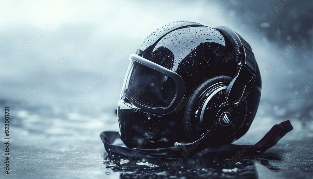 Wall mural black diving helmet resting on wet ground in a rainy setting during twilight