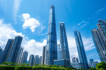 Naklejka premium Skyscrapers Viewed from Below with Blue Sky and White Clouds