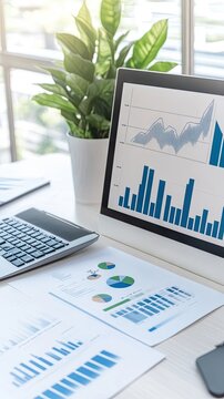 A vibrant analysis of financial data and marketing strategies on a modern office desk illuminated by natural light