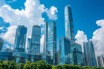 Fototapeta premium Skyscrapers Viewed from Below with Blue Sky and White Clouds