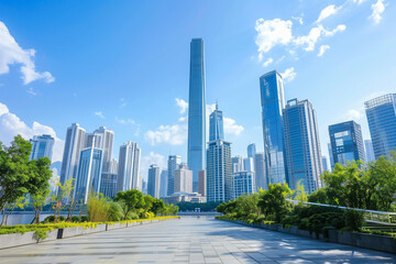 Skyscrapers Viewed from Below with Blue Sky and White Clouds
