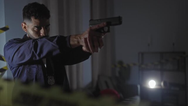 Detective man aiming gun indoors at night in a tense crime scene investigation atmosphere.