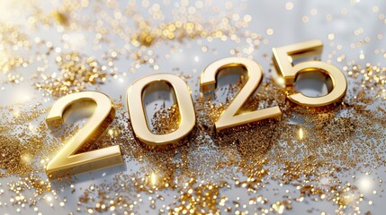 Trendy golden inscription 2025, white background, gold dust. New Year greeting card lettering. Generative AI