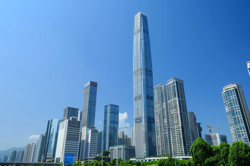 Fototapeta premium Skyscrapers Viewed from Below with Blue Sky and White Clouds