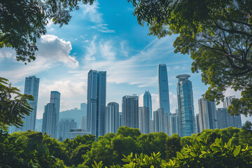 Obraz premium Skyscrapers Viewed from Below with Blue Sky and White Clouds