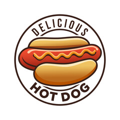 Delicious hotdog logo in circle with white background