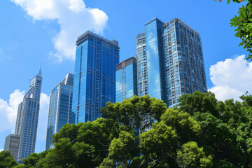Obraz premium Skyscrapers Viewed from Below with Blue Sky and White Clouds