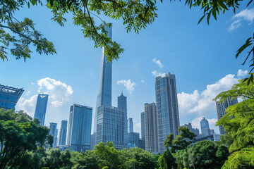 Skyscrapers Viewed from Below with Blue Sky and White Clouds