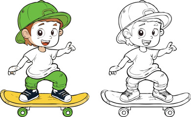 coloring page features a simple drawing of red yellow with baby girl & boy playing skateboarding, Coloring book for kids