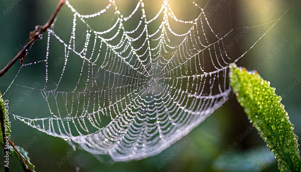 Wall mural a close-up macro shot of a dew-covered spider web in a forest at dawn. the delicate strands of the w