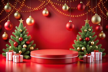 Christmas background with podium in red colors
