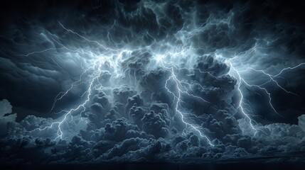 Fototapeta premium Dramatic thunderstorm with lightning illuminating dark clouds over a landscape at night