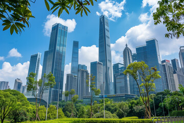 Fototapeta premium Skyscrapers Viewed from Below with Blue Sky and White Clouds