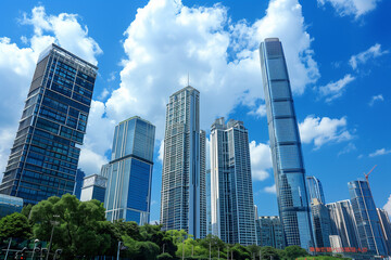 Fototapeta premium Skyscrapers Viewed from Below with Blue Sky and White Clouds