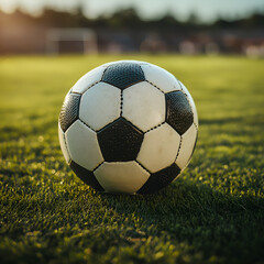 Obraz premium Traditional round ball laying on grass of soccer field