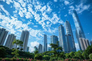 Obraz premium Skyscrapers Viewed from Below with Blue Sky and White Clouds