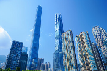 Obraz premium Skyscrapers Viewed from Below with Blue Sky and White Clouds