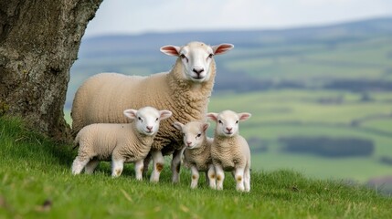 Obraz premium A playful sheep and her adorable lambs frolic in the lush green countryside of England beneath a graceful old tree