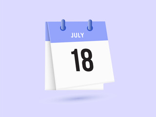 July 18 - calendar and Time planner. Daily Calendar Icon reminder. Vector Illustration.