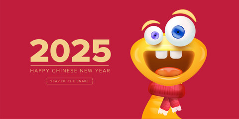 Happy Chinese New Year 2025 illustration vector design with cute and elegant golden snake. Cartoon snake with scarf symbol of 2025 lunar year.