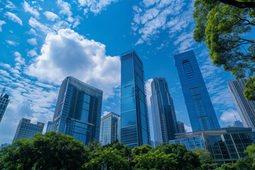 Naklejka premium Skyscrapers Viewed from Below with Blue Sky and White Clouds