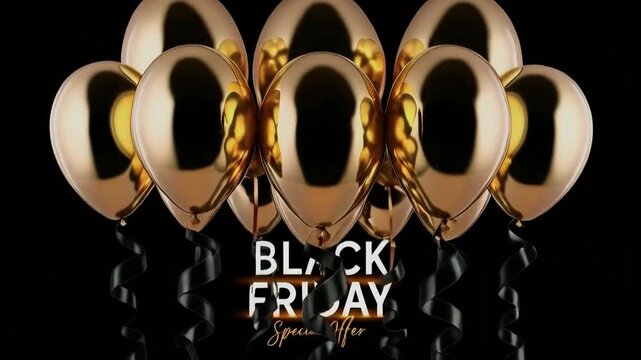 3d animation of black glossy balloons with ribbons flying through text Black Friday special offer. Festive video background with text, 4k video.