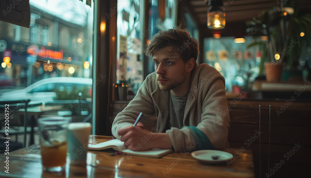 Canvas Prints a man sits at a table in a cafe, writing in a notebook