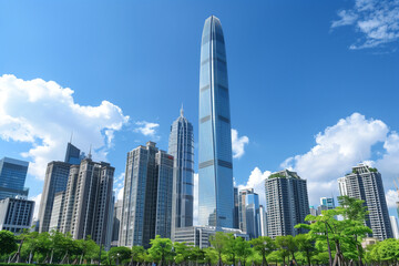 Fototapeta premium Skyscrapers Viewed from Below with Blue Sky and White Clouds