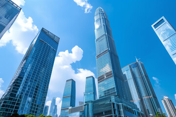 Fototapeta premium Skyscrapers Viewed from Below with Blue Sky and White Clouds
