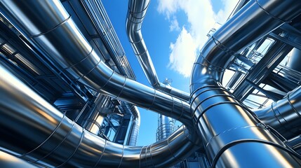 A large industrial plant with many pipes and a blue sky in the background. The sky is clear and bright, and the plant is surrounded by a large open area