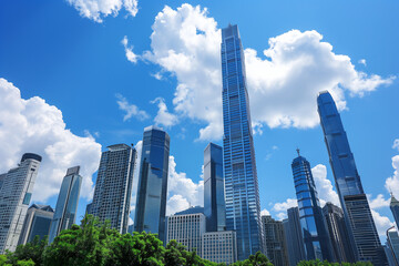 Fototapeta premium Skyscrapers Viewed from Below with Blue Sky and White Clouds
