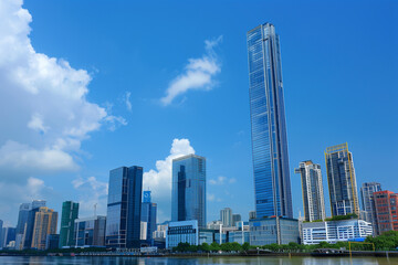 Fototapeta premium Skyscrapers Viewed from Below with Blue Sky and White Clouds