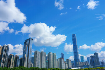 Skyscrapers Viewed from Below with Blue Sky and White Clouds