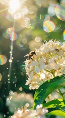 In the morning, sunlight shines on white flowers and dewdrops fall upon them. A bee sits upon it with its wings open