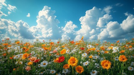 Beautiful meadow with blooming wildflowers under a cloudy sky