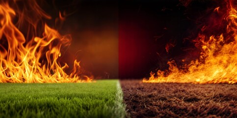 Soccer field dividing line on fire competitive matchup banner
