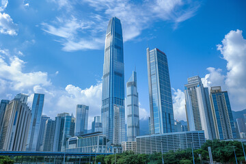 Fototapeta premium Skyscrapers Viewed from Below with Blue Sky and White Clouds