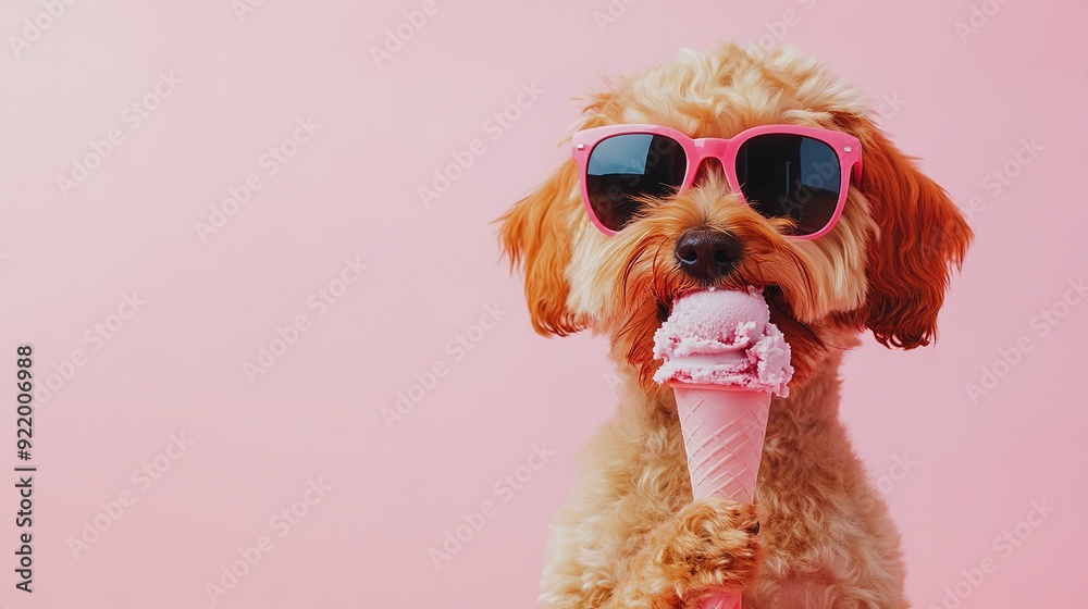 Canvas Prints Cute dog in sunglasses eats ice cream. Puppy with ice cream. Summer background with pet and copy space