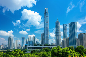 Fototapeta premium Skyscrapers Viewed from Below with Blue Sky and White Clouds