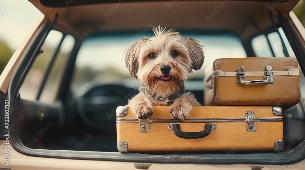 Canvas Prints Cute dog goes on a trip by car with suitcases. Concept tourism, vacation