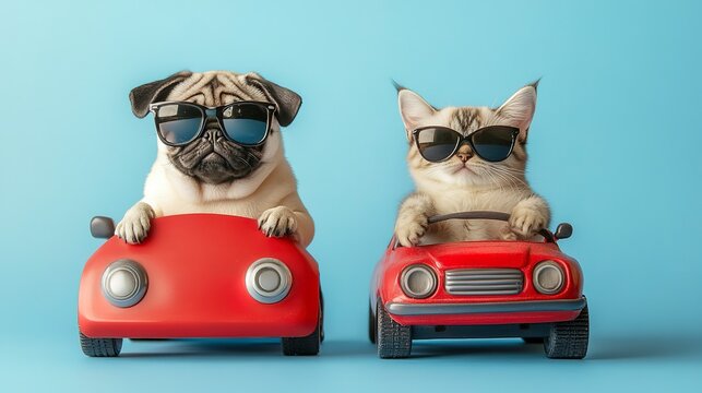 Funny pug dog and cat with sunglasses in toy car on light blue background